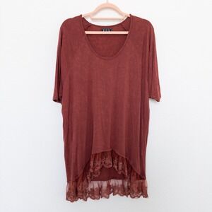 POL Womens Top Size M Rust Red Lace Hem Hi Lo Tunic Boho Indie Casual Chic Artsy
